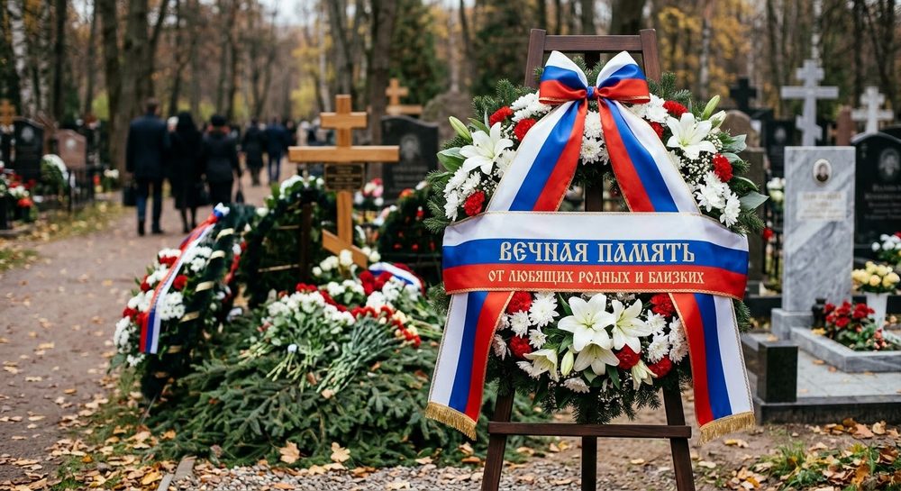 Иллюстрация: лента в цветах флага России с надписью «Вечная память от любящих родных и близких»
